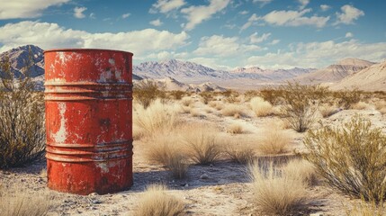 Naklejka premium Weathered Red Barrel in Arid Desert Landscape Surrounded by Dry Grass and Distant Mountains Under a Beautiful Blue Sky with Fluffy Clouds