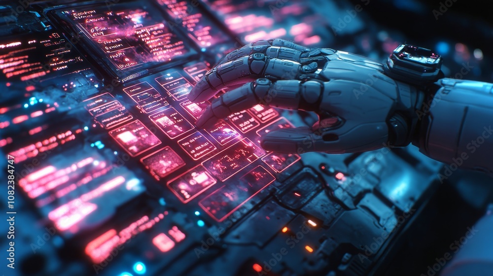 Poster an android engaged in typing digital responses on a futuristic computer interface