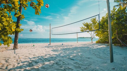 A scenic beach volleyball court, Net and balls arranged perfectly on the sand, Tropical outdoor style