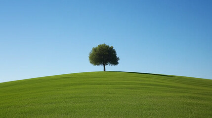 Samotne drzewo stoi na łagodnym zielonym wzg&oacute;rzu, pod czystym błękitnym niebem.