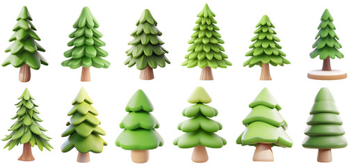 Fototapeta premium Bundle of Pine tree 3d Render isolated transparent PNG set