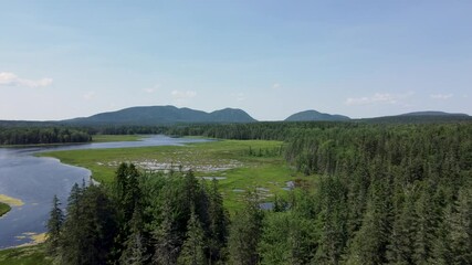 Drone footage of the scenic Bass Harbor Marsh in Acadia National Park on a sunny day in Maine, USA