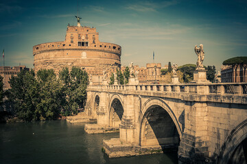 View of Castel Sant Angelo and Tiber river in Rome, Italy