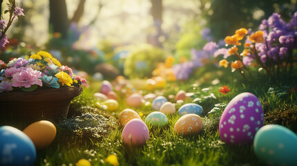 Fototapeta premium Wiosenny ogród pełen kolorowych jajek czekających na odkrycie podczas wielkanocnej zabawy.