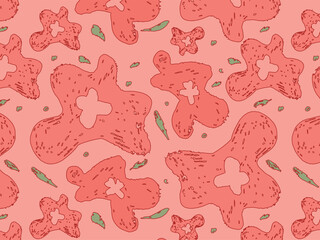 Flat Vector Illustration featuring abstract floral shapes in a seamless pattern; red and pink organic forms with green leaves; decorative background design for Valentine's Day, Women's Day, and spring