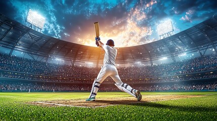 Cricket stadium with player hitting a six, crowd erupting, 3D illustration
