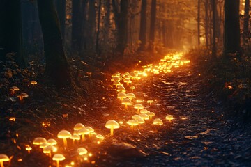 Enchanted pathway with glowing golden mushrooms lining the ground, thick mist, twilight atmosphere, dense forest, warm yellow and orange hues, medium close-up 4