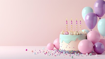A festive cake adorned with colorful sprinkles and balloons, perfect for a celebration.