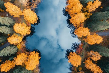 Drone view of a wide river surrounded by vivid autumn foliage in a deciduous forest, golden leaves reflecting on calm water, afternoon light 2