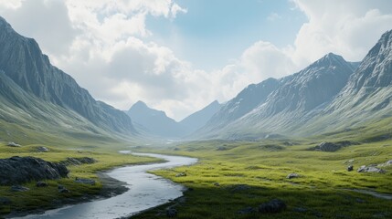 A serene landscape featuring mountains, a winding river, and lush greenery under a blue sky.