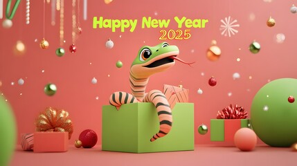Naklejka premium Celebrate the New Year with festive decorations, a joyful lizard, and vibrant colors for an exciting 2025.