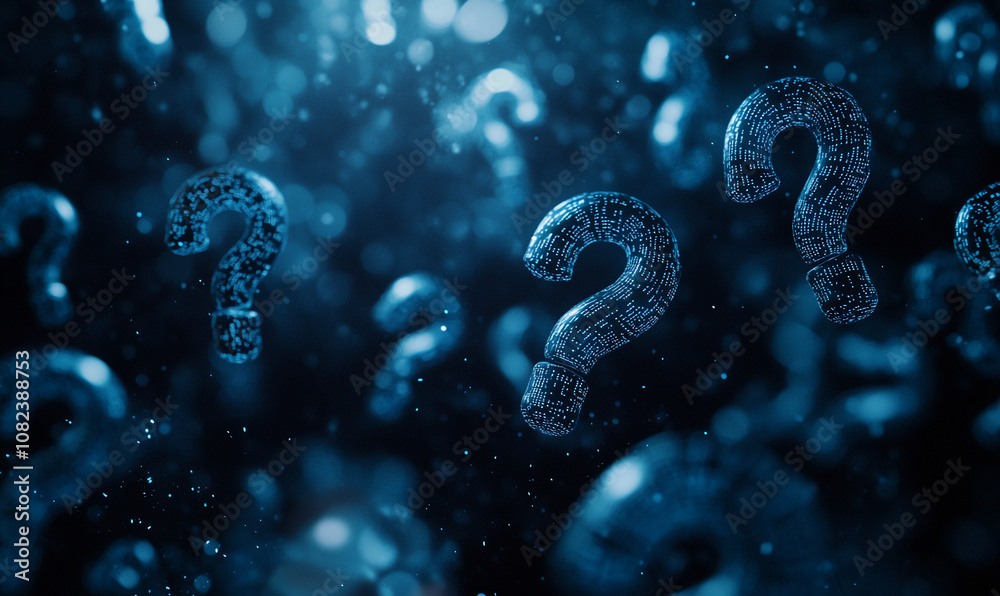 Aufkleber question marks made of glowing blue code float in a dark blue background