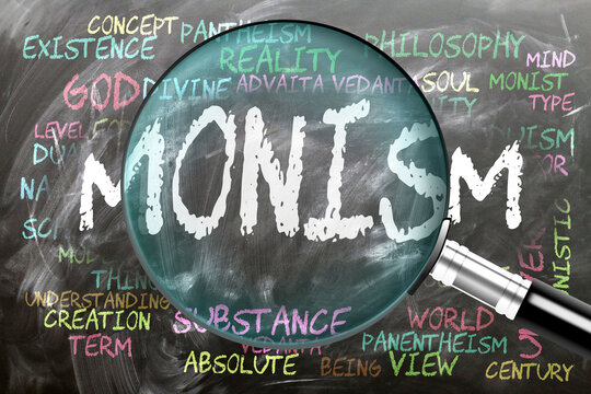 Monism being studied, examined - under close inspection. Most important subjects and ideas closely related to monism written on a blackboard inspected by a magnifying glass. ,3d illustration