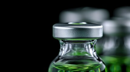 Closeup of a Glass Vial with a Silver Cap Filled with Green Liquid