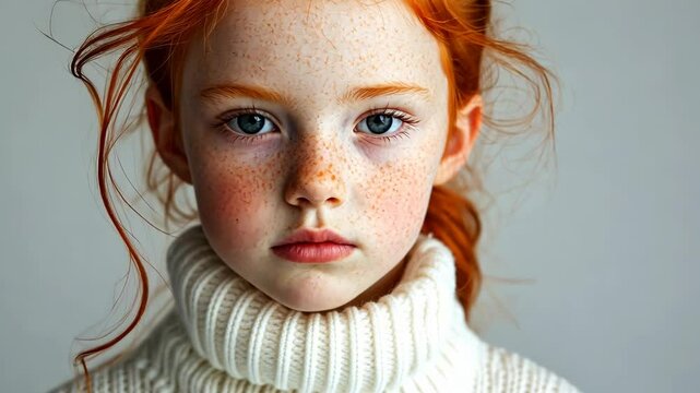 A young girl with red hair and freckles stares intensely at the camera while wearing a white turtleneck sweater