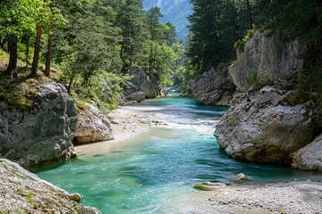 Fleecedeken met foto Aerial view of a mountain river in a coniferous forest, cool blue water surrounded by rocky banks, bright sunlight highlights the evergreen trees 5 © Maelgoa