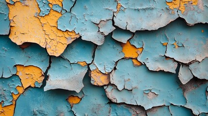 Obraz premium Vintage rusted metal surface, blue-orange peeling paint and rough textures, an industrial, grungy aesthetic with a weathered organic feel