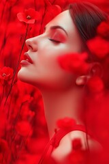 Fototapeta premium A beautiful woman amidst red flowers, evoking tranquility and elegance in a sea of red hues.