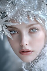 A serene portrait of a woman adorned with icy silver leaves, capturing ethereal beauty and winter elegance.