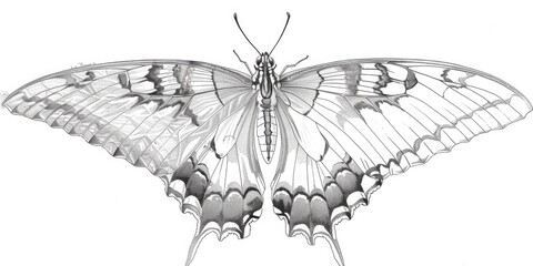 A sketch of a beautiful butterfly in flight, isolated on a white background