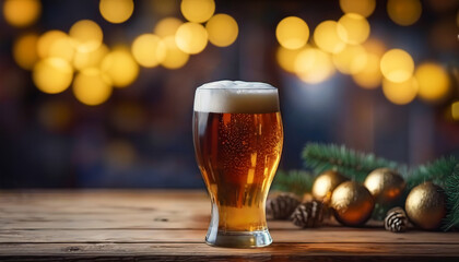A pint of beer with frothy top placed on a wooden table with Christmas ornaments and pine cones, warm bokeh lights in the background.