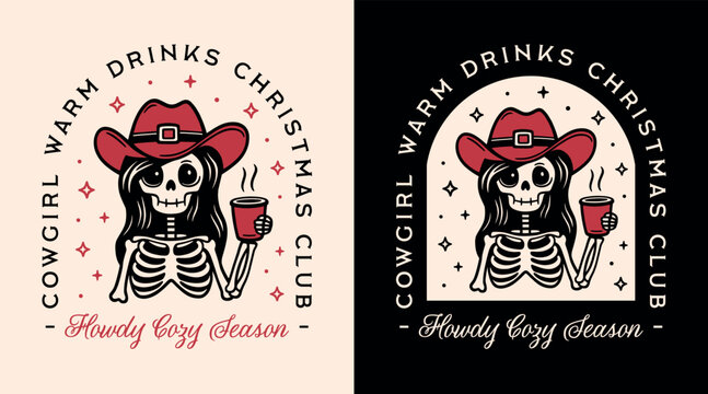 Christmas cowgirl club howdy cozy season warm drinks coffee cup mulled wine hot chocolate funny quotes. Retro country girl dark western skeleton red aesthetic holidays matching shirt design cut file.