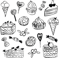 hand drawn black and white sweets and cakes background. childish drawings. vector illustration.