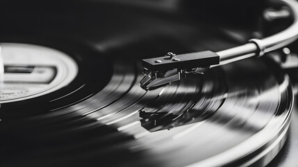 A vinyl record spins on a turntable in a black and white image.