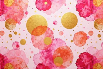 Abstract watercolor pattern with gold circles in pink and orange