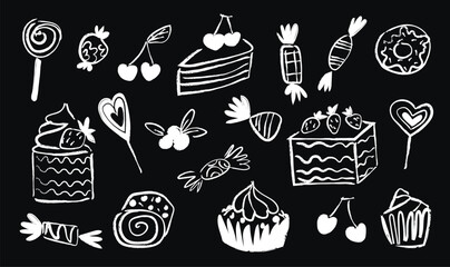 hand drawn black and white sweets and cakes. chalk style on black board. white silhouette of sweets and cakes. coffee shop menu