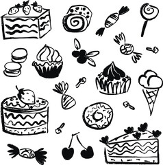 hand drawn black and white sweets and cakes illustration