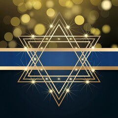 Golden star of david with blue ribbon on dark blue and golden background. Geometric pattern with light effects. Concept for jewish holidays, banner, flyer, card.