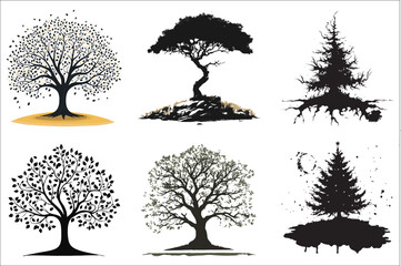 Set of black silhouette illustration of tree