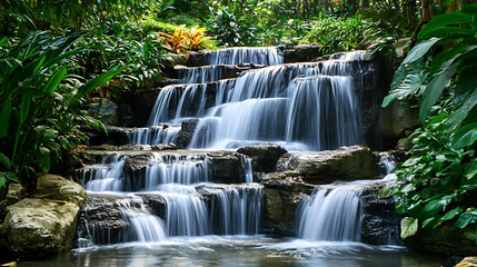 A scenic view of a waterfall surrounded by lush greenery, with a photographer using a polarizing filter to enhance colors and reduce glare 