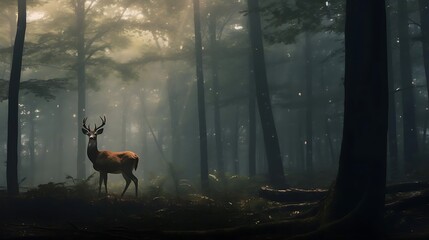 Solitary Deer in a Foggy Forest
