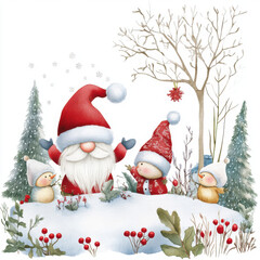 whimsical gnome in wool Santa hat joyfully interacts with cheerful snowmen in snowy landscape, surrounded by festive trees and winter flora