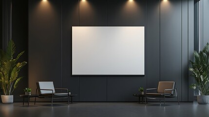 Modern interior with two chairs, a blank screen, and plants, ideal for presentations or meetings.