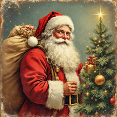 Vintage Painted Christmas Post Card with Happy Traditional Santa Claus Holding Bag of Gifts, XMAS Greeting