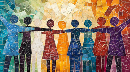 Vibrant mosaic of diverse cultures embracing unity, representing equality in a harmonious society with people of different backgrounds sharing joy and respect. Harmonious. Illustration
