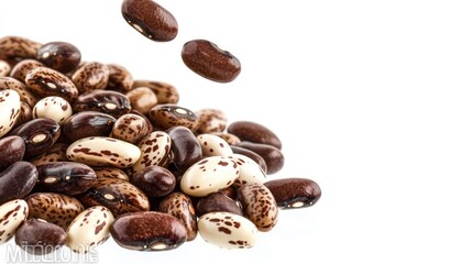 Fototapeta premium A variety of beans scattered on a white background, showcasing different colors and patterns.