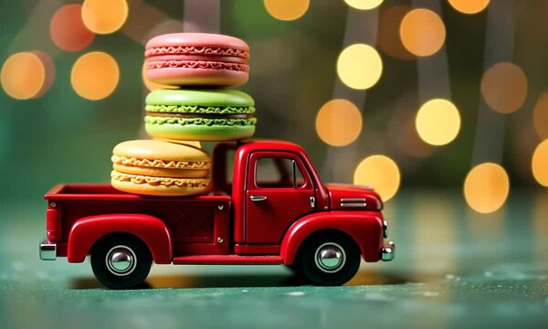 Red vintage toy truck carries in the back multi-colored macaroons stacked on top of each other red, green, yellow, pink on a green New Year's background with glowing multi-colored garlands