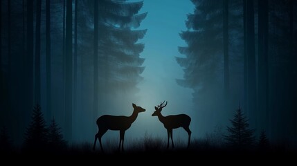 Obraz premium Two deer stand in a misty forest, silhouetted against a pale blue sky