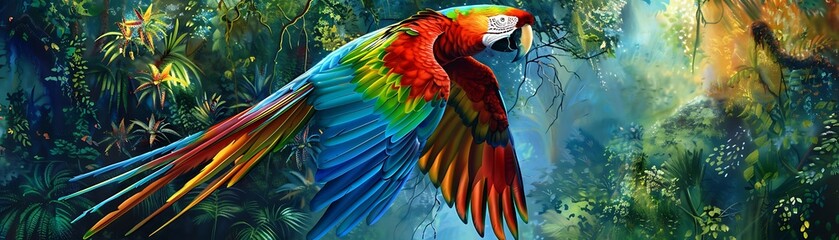 Fototapeta premium Vibrant Scarlet Macaw in Lush Tropical Rainforest