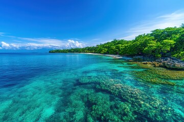 A stunning tropical beach view showcasing clear turquoise waters and lush greenery under a bright blue sky.