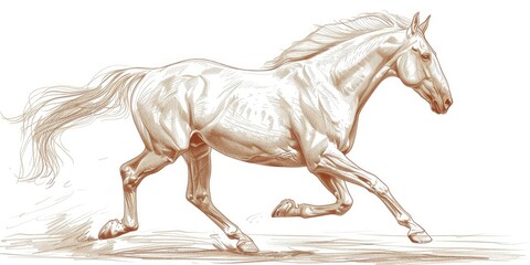 Drawing of a running horse with a flowing mane, isolated on a white background
