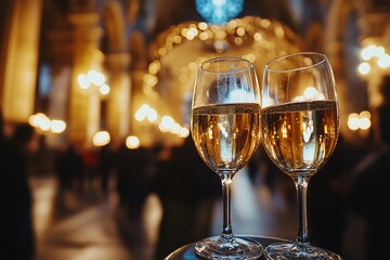 Two champagne glasses in luxury setting, golden glittering lights, elegant atmosphere, close-up view, soft focus on bubbles 1