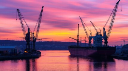Obraz premium Silhouettes of Cranes and a Ship at Sunset