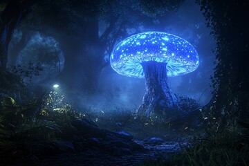 Twilight forest with a single large mushroom glowing bright blue, casting an ethereal light on surrounding greenery; misty atmosphere, soft shadows, mystical close-up 6