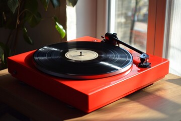 Stylish red retro turntable with black vinyl, sunlight from window, cozy room, 1970s music vibe, close-up on stylus and record 1
