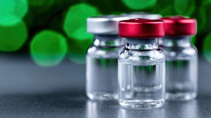 Three Glass Vials with Red and Silver Caps Against Green Bokeh Background